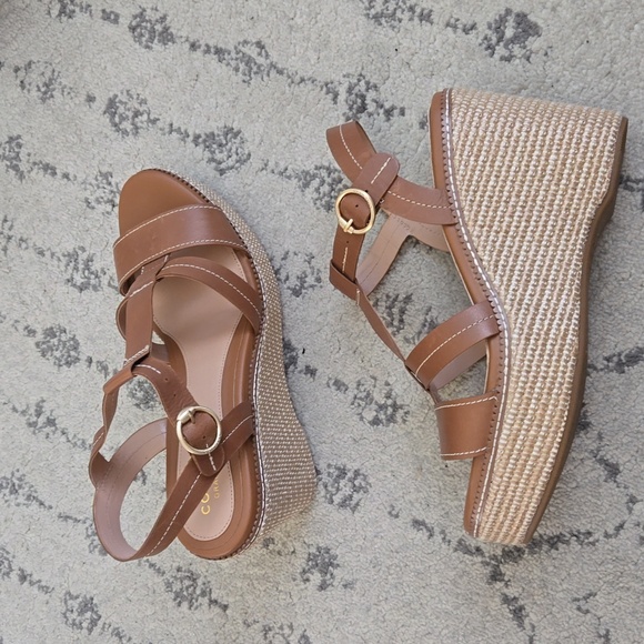 Cole Haan Women's Cloudfeel All Day Tan Leather Buckle Wedge Heels - Picture 2 of 6